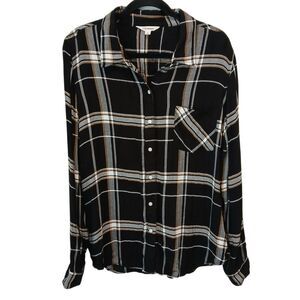 Lucky Brand Black Gray Tan Flannel Plaid Button Up Sz Large Lightweight Viscose